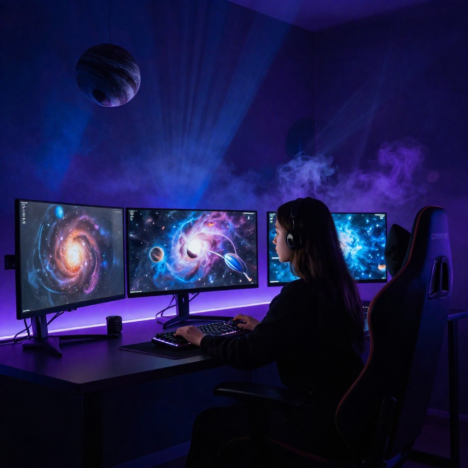 Геймерская станция с космическими играми на мониторах