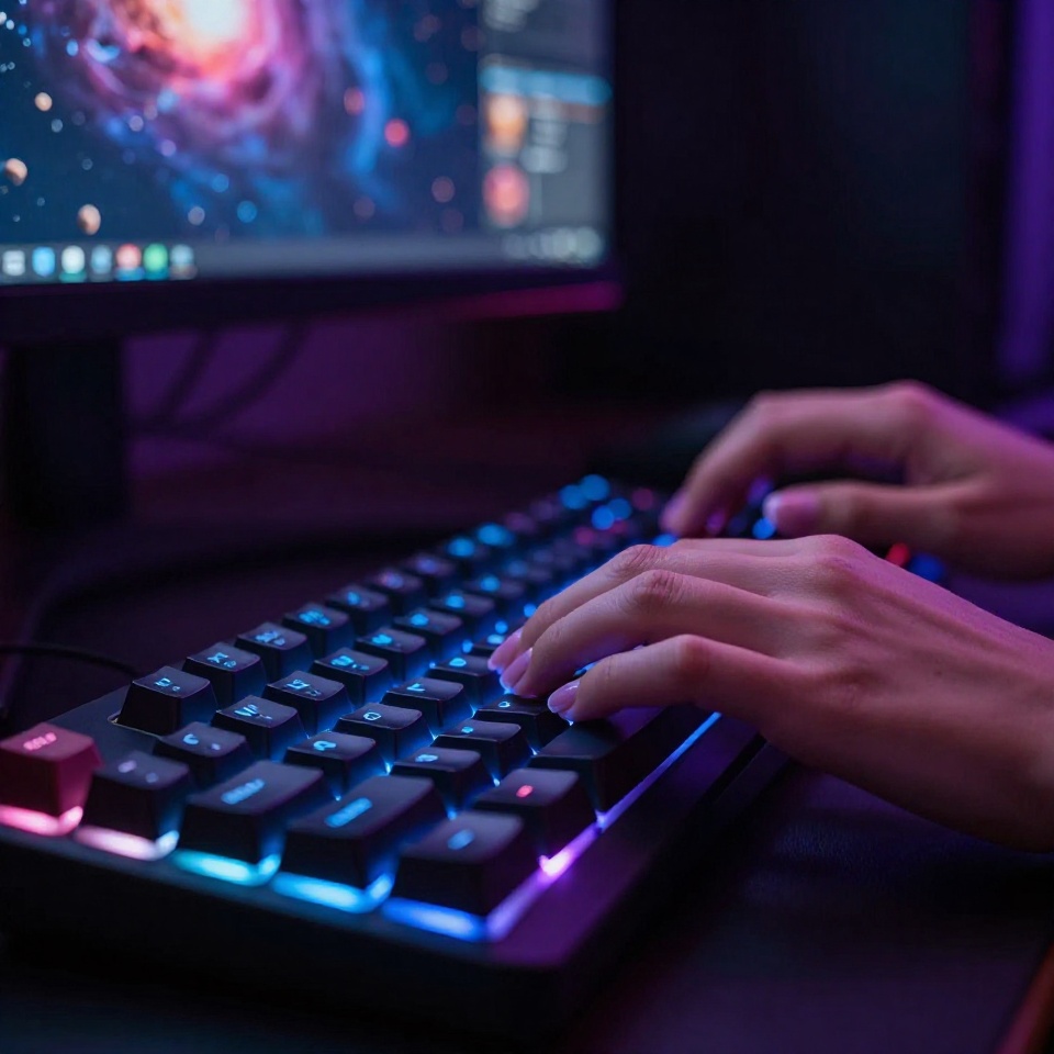 Макросъемка рук геймера на игровой клавиатуре с RGB-подсветкой в космических тонах