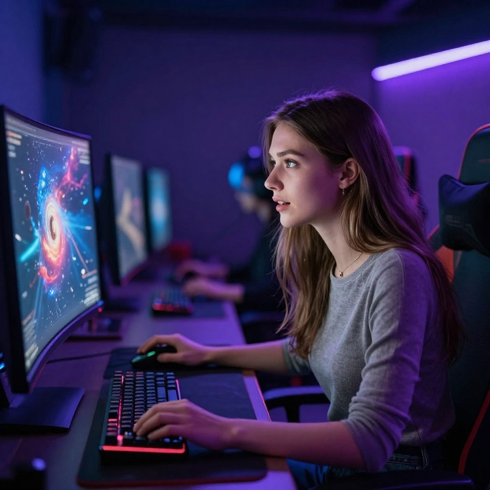 Девушка играет в космическую игру за игровым компьютером